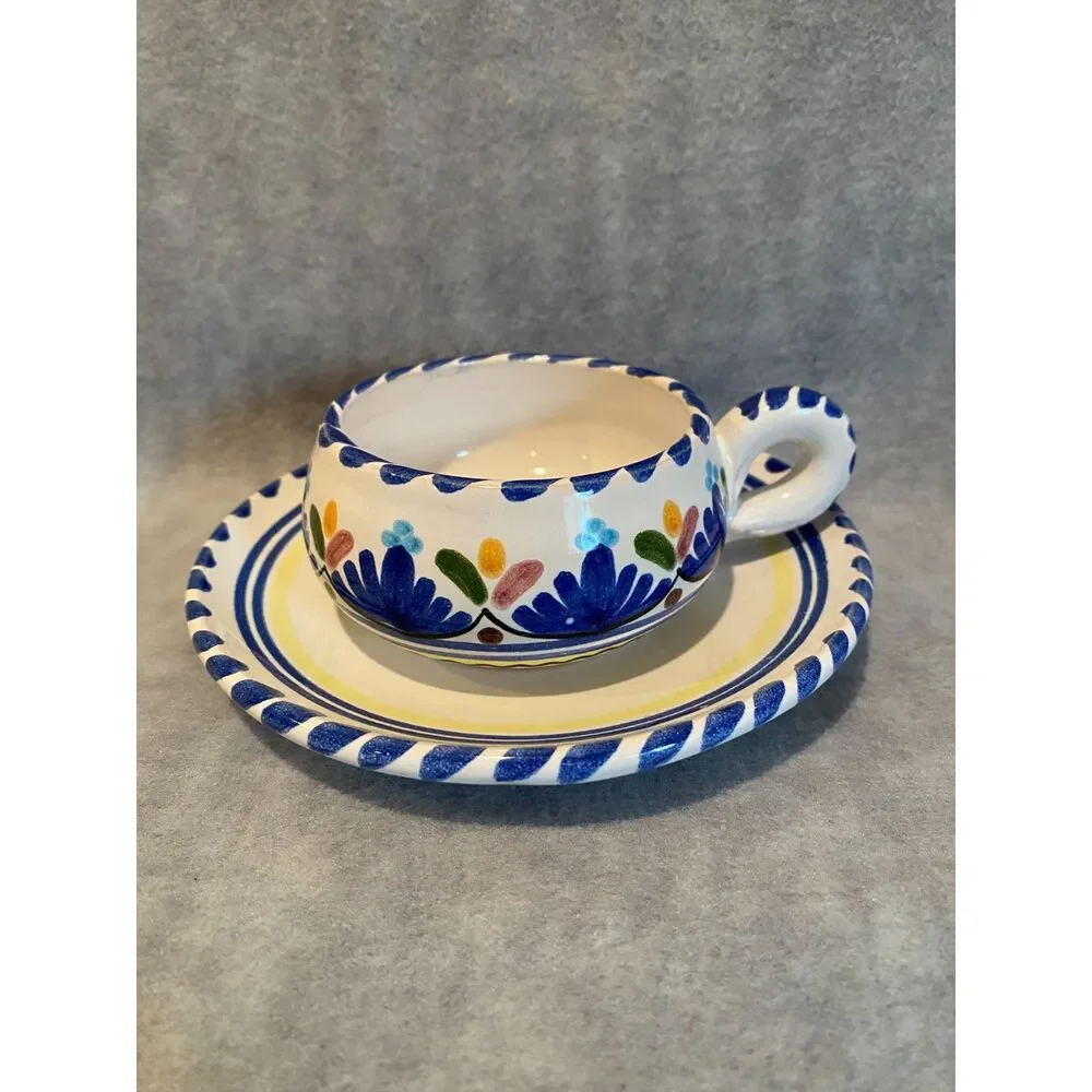 Hand Painted Cup and Saucer Spanish Blue White Rivas on‎ Bottom Spain